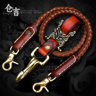 仓吉手工雪狮经书扣腰链！纯手工编织黄铜牛皮钥匙扣挂环男女裤链