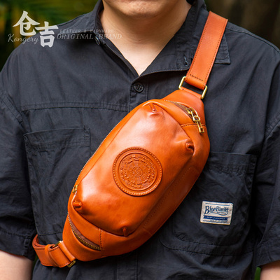 仓吉手工头层牛皮胸包斜挎包