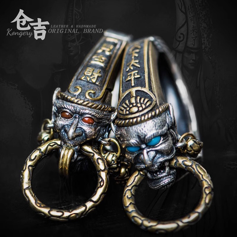 一见生财!纯银钥匙扣!仓吉手工黑白无常男女挂钩复古锁匙扣配饰