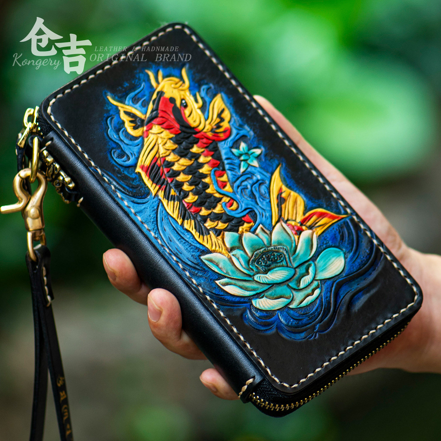 【招财锦鲤】发财必入手机钱包！仓吉手工牛皮雕刻拉链真皮手拿包