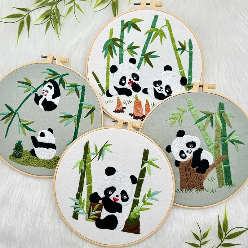 指间非遗鲁绣diy手工刺绣熊猫布艺绣花材料包卡通动物针线包绣品