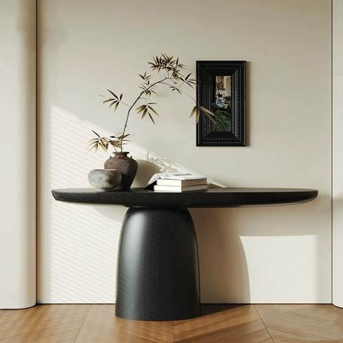 侘寂风创意玄关柜设计师简约黑色入户玄关柜复古玄关样板房装饰柜