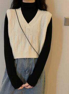 白色针织马甲背心女短款春季2023年韩版v领宽松百搭毛衣马夹外搭