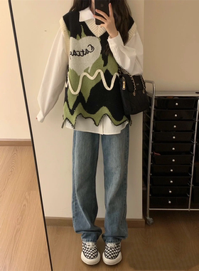 美式潮牌爱心提花v领毛衣背心女春秋不规则小众设计针织马甲外搭