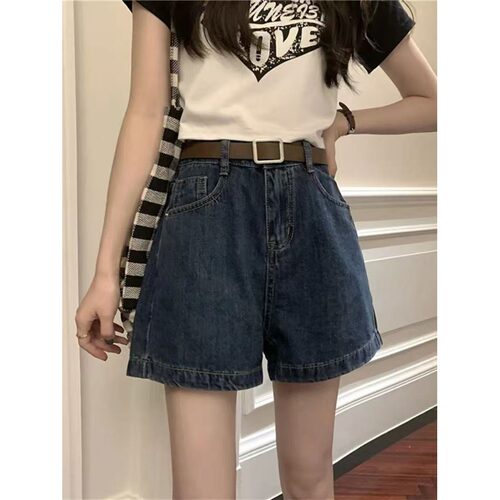 高腰牛仔短裤女夏季新款水洗复古深蓝宽松显瘦百搭a字阔腿热裤子