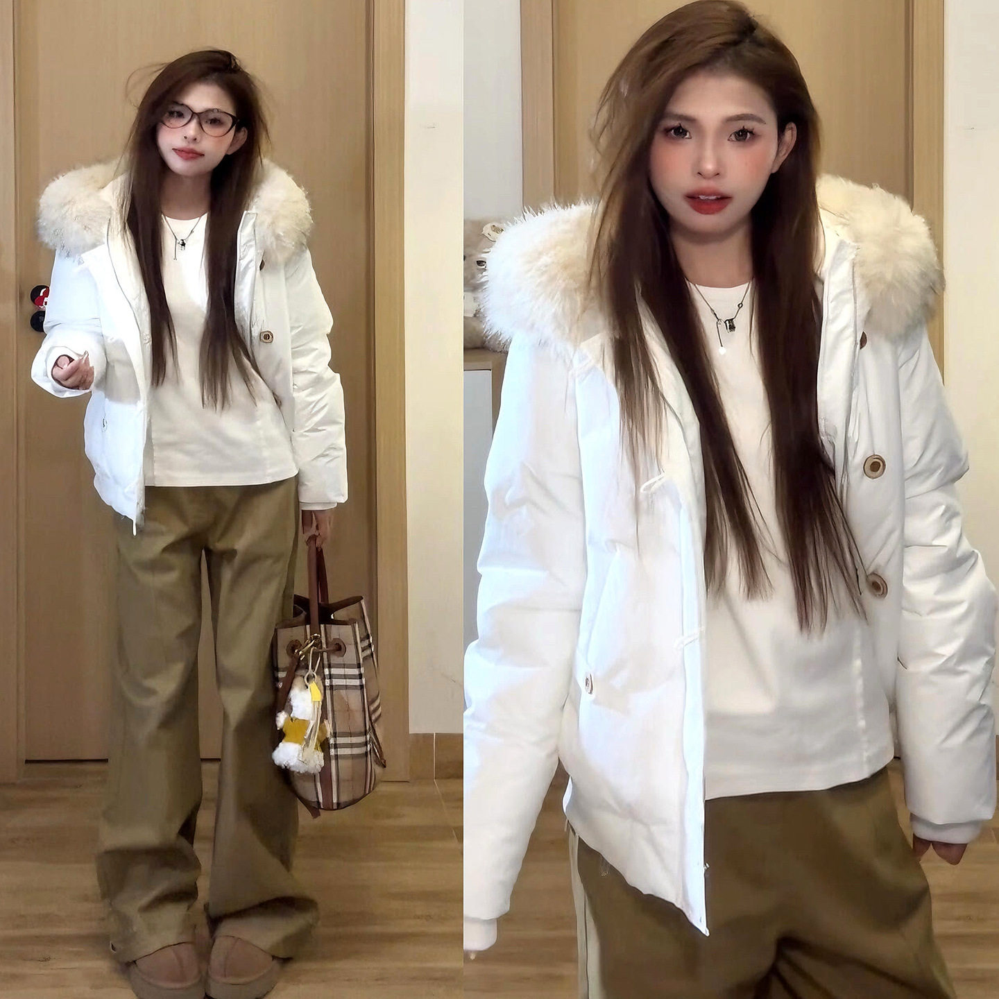 白色短款连帽羽绒服女冬季