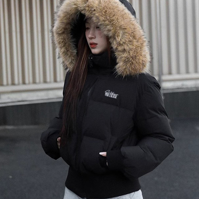 黑色短款大毛领90白鸭绒羽绒服女