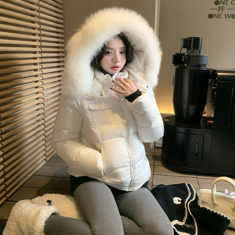 韩版大毛领白色连帽羽绒服女