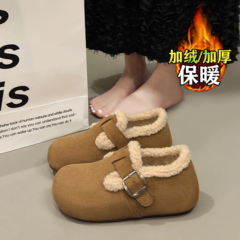 加绒加厚棉鞋厚底增高包头拖女