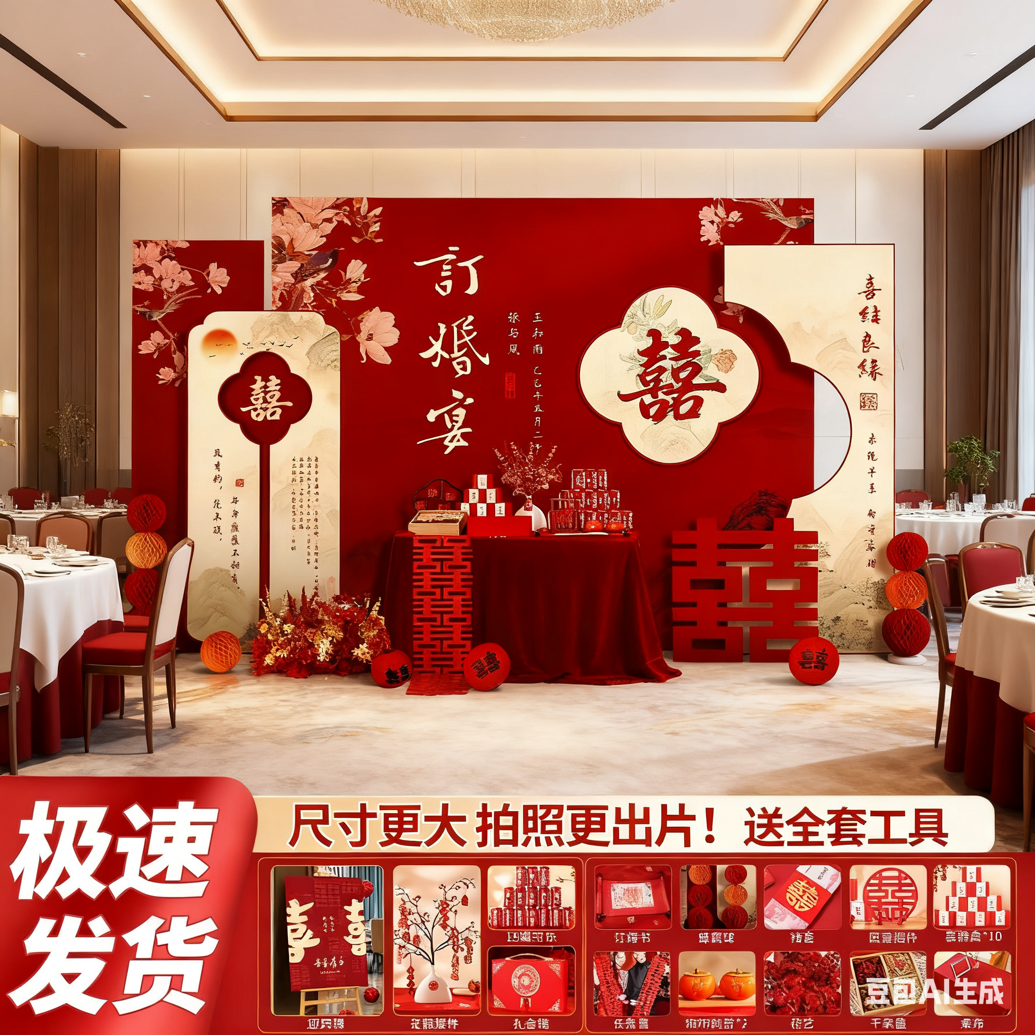 2025新中式订婚宴场景氛围布置装饰kt板背景墙高级感全套摆件定制,节庆用品/礼品,装扮布置套餐,淘宝优惠券,粉丝福利购,淘宝优惠卷