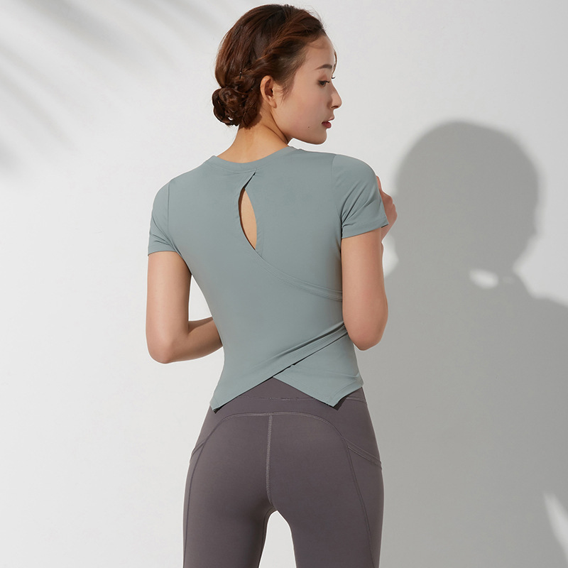春夏新款瑜伽服女燕尾瑜伽短袖性感圆领运动上衣女交叉拼接健身服