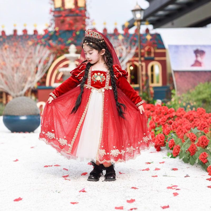 女童迪丽热巴同款旅拍公主裙长裙秋冬蓬蓬纱演出生日元旦节表演服
