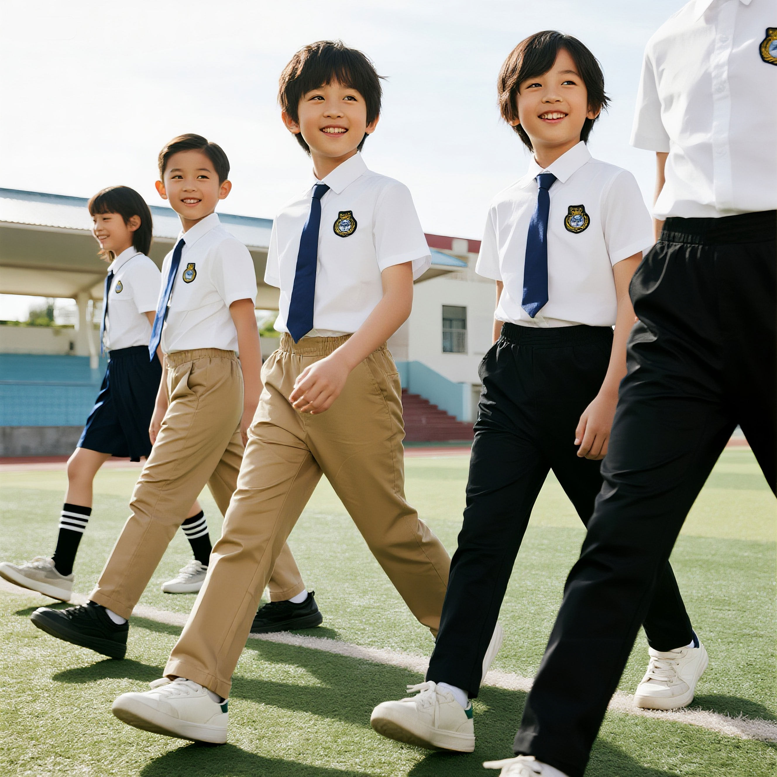 儿童西裤男童卡其色校服裤子春秋女童黑藏青米色小学生松紧腰校裤