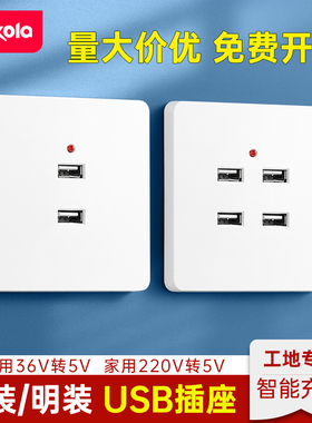 86型明装二孔四孔USB手机充电2个4位220V转5伏工地36VUSB插座面板
