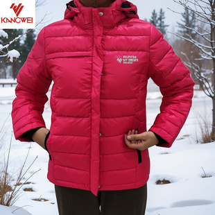 康威女士冬季短款保暖拉链可拆卸帽外套羽绒服