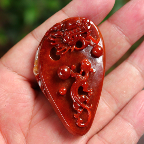 老坑满色红翡天然翡翠A货苍龙教子龙牌挂件吊坠送证书