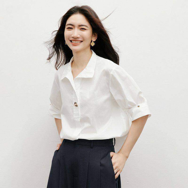 白色休闲职业衬衫春秋新款女装翻领气质百搭显瘦独特上衣夏装