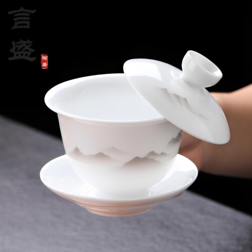 可悬停防烫白瓷大号功夫盖碗