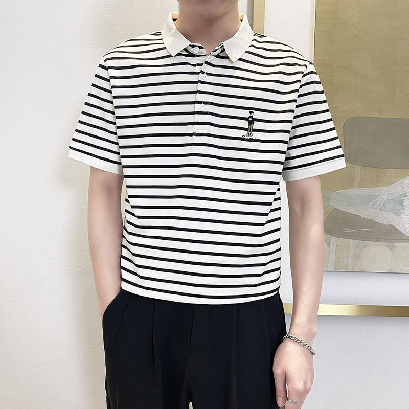 PL1166-P58控782025春夏时尚条纹POLO衫男韩版百搭短袖翻领T恤白,男装Polo衫,星座1101-1