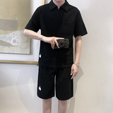 TZ1923-P95控128时尚翻领短袖套装男士简约款POLO衫短裤一套ins黑，男装Polo衫，星座1101-1