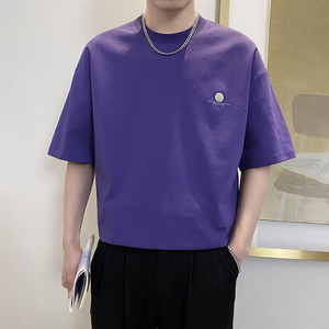 T9551-P55控75宽松短袖T恤男士2025春夏款百搭休闲体恤衫潮ins紫图片