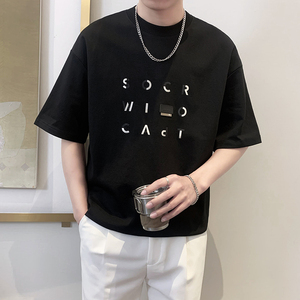 T9555-P55控75时尚立体字母短袖T恤男士2025春夏新款宽松体恤衫黑图片
