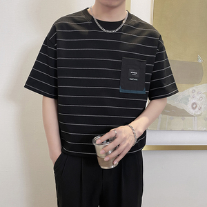 T9568-P58控78时尚条纹宽松短袖T恤男士休闲百搭体恤衫青年上衣黑图片