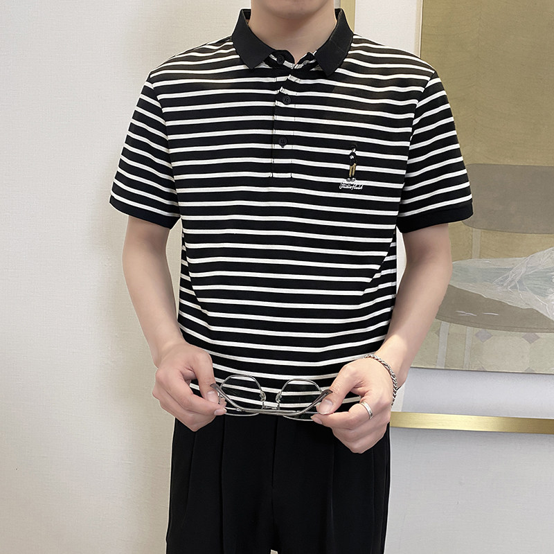 PL1166-P58控782025春夏时尚条纹POLO衫男韩版百搭短袖翻领T恤黑,男装T恤,星座1101-1