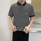 PL1166-P58控782025春夏时尚条纹POLO衫男韩版百搭短袖翻领T恤黑，男装T恤，星座1101-1