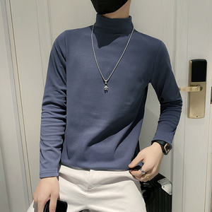 H31 特P33 纯色半高领长袖男士双面德绒亲肤打底衫内搭上衣蓝图片