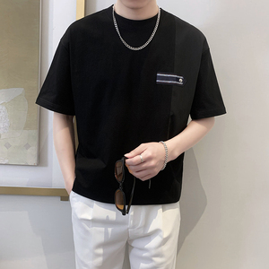 T9556-P55控75夏季宽松休闲短袖T恤男士百搭时尚体恤衫潮半袖黑色图片