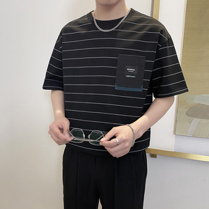 T9568-P58控78时尚条纹宽松短袖T恤男士休闲百搭体恤衫青年上衣黑图片