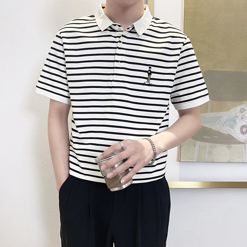 PL1166-P58控782025春夏时尚条纹POLO衫男韩版百搭短袖翻领T恤白,男装Polo衫,星座1101-1