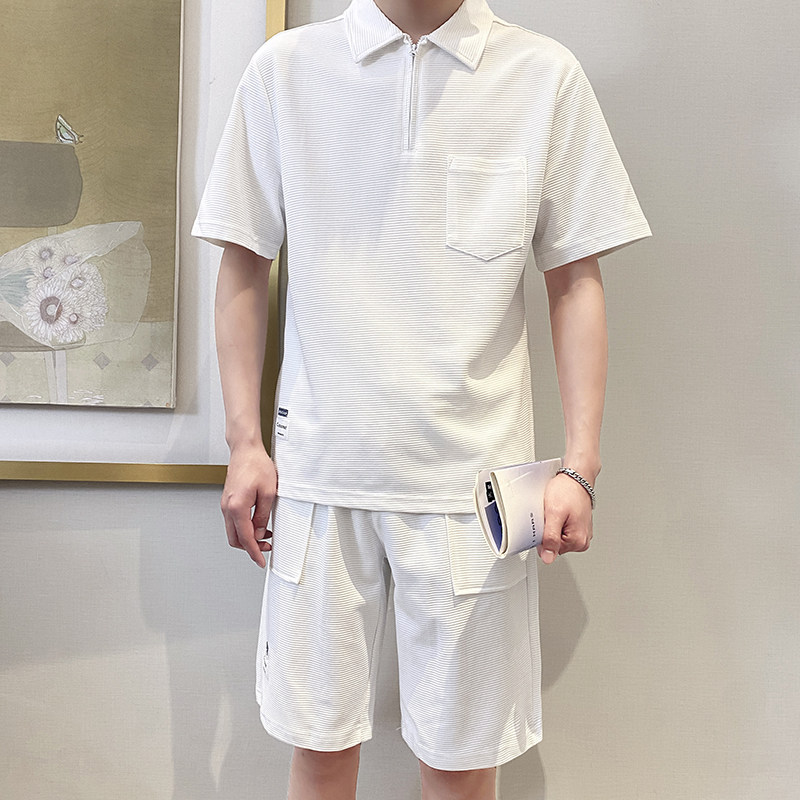 TZ1923-P95控128时尚翻领短袖套装男士简约款POLO衫短裤一套ins白,男装Polo衫,星座1101-1