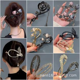 古风珍珠花朵发簪女新中式简约盘发簪子双插发钗U型发卡小众插梳