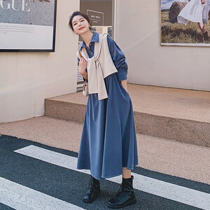 港风蓝色披肩连衣裙女两件套秋季2025年新款春装时尚套装显瘦长裙图片