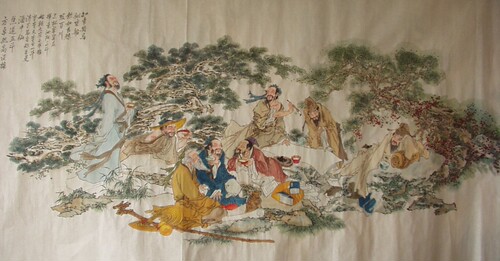 手绘原创作品工笔小写意八尺巨幅国画 饮中八贤234cm X 125cm