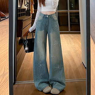 子 小个子高腰显瘦宽松直筒阔腿裤 浅蓝色烫钻牛仔裤 女春秋2026新款