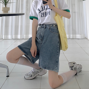 女高腰显瘦夏季 宽松阔腿短裤 2023新款 子复古直筒中裤 裤 五分牛仔裤