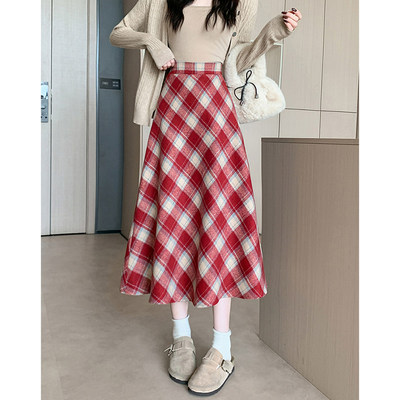大码红色毛呢格子半身裙女秋冬2025新款胖mm高腰显瘦中长款a字裙