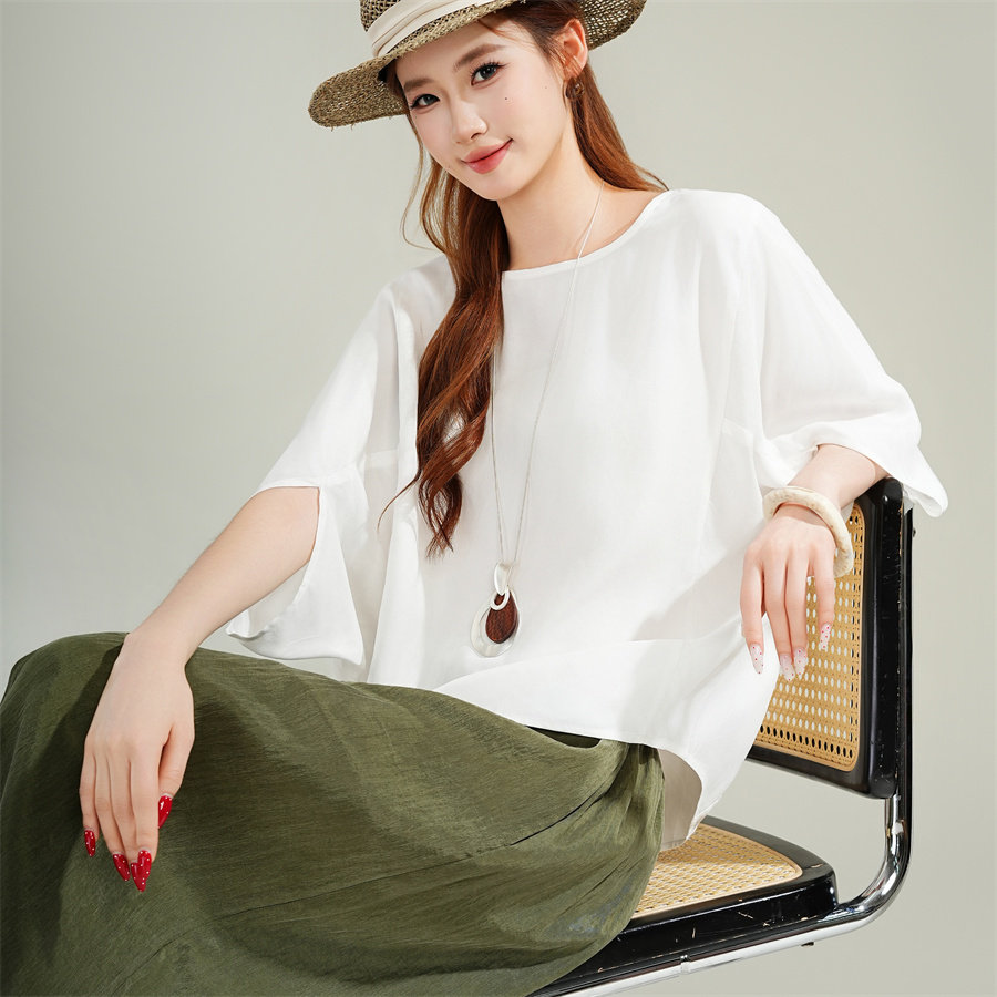 重磅真铜氨丝短袖女夏慵懒风蝙蝠袖设计感宽松圆领白色t恤上衣