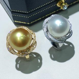 澳白海水珍珠天然浓金南洋金珠戒指正圆强光18K金钻石豪镶指环女