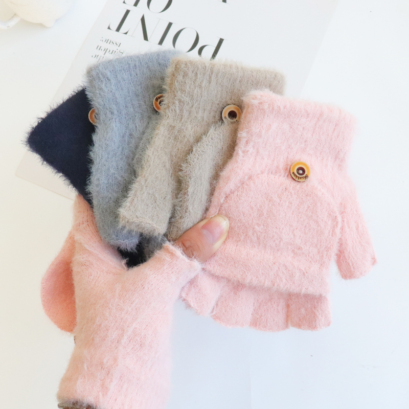 毛线半指翻盖手套冬男女加绒加厚