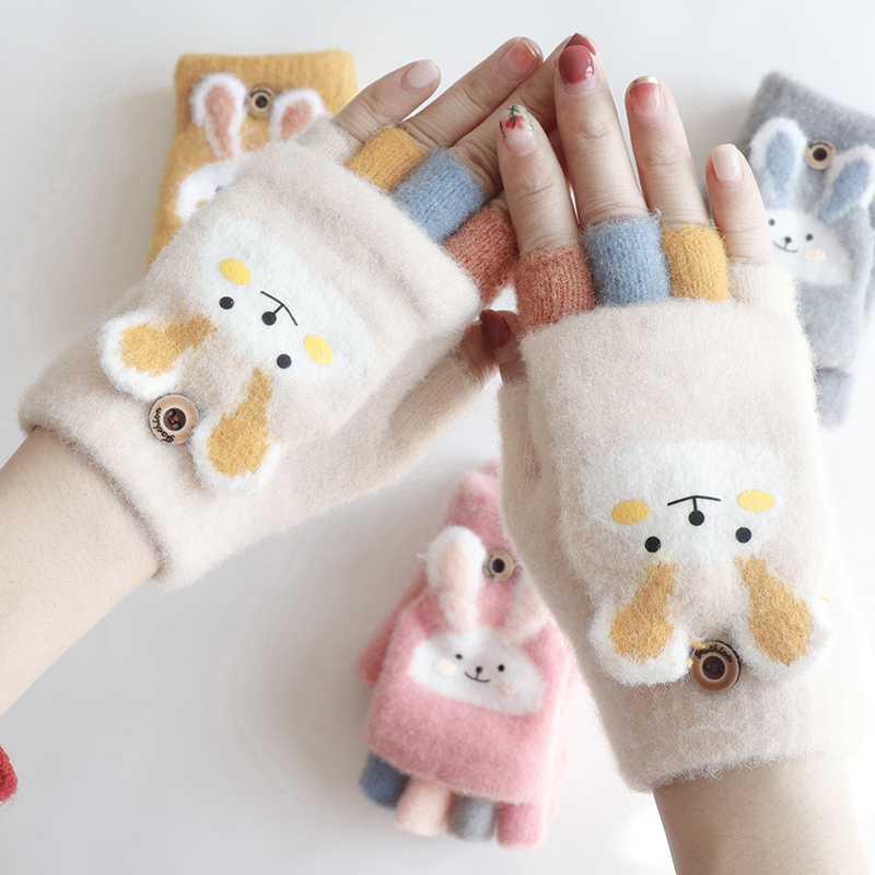 儿童手套五指秋冬款女孩冬天加绒保暖露指卡通翻盖学生写字小兔子