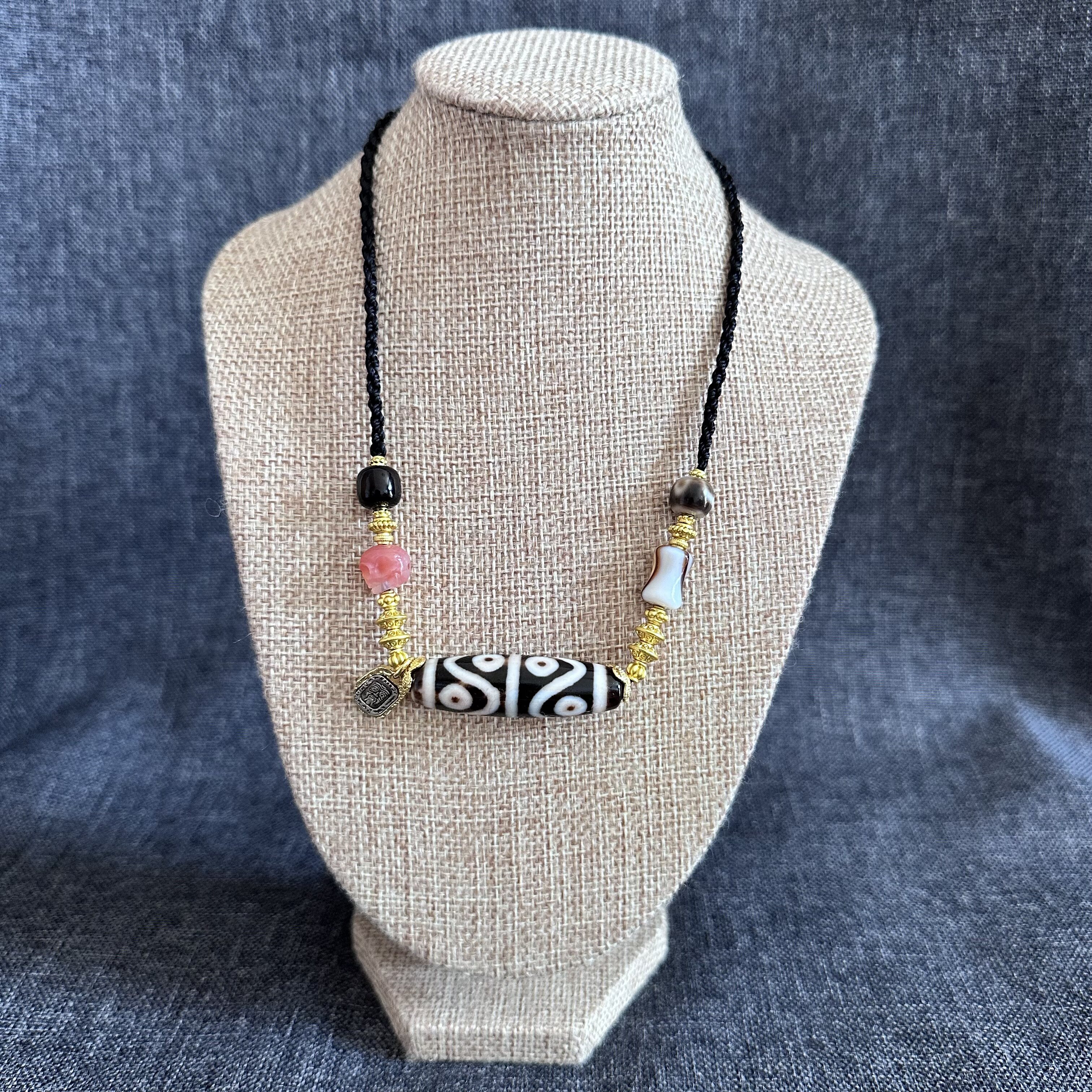 原创设计 台珠聚缘手工古法水纹八眼天珠玛瑙锁骨项链藏式手作