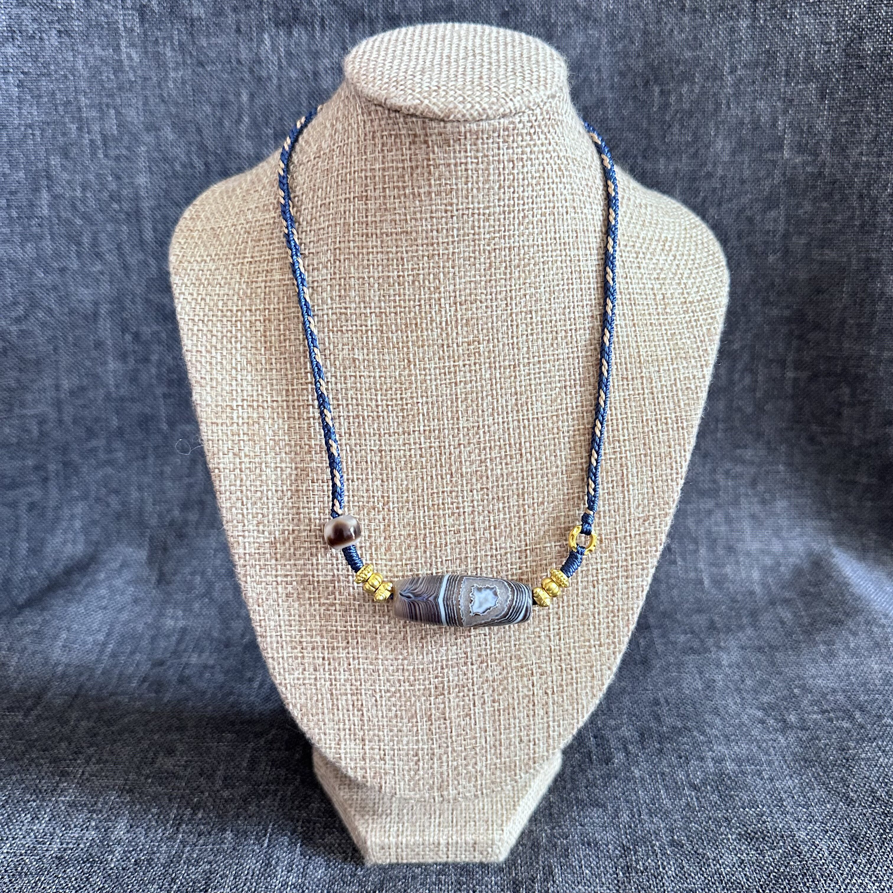 原创设计 蓝泌缠丝玛瑙天珠项链锁骨链 民族风手工精编天珠挂绳