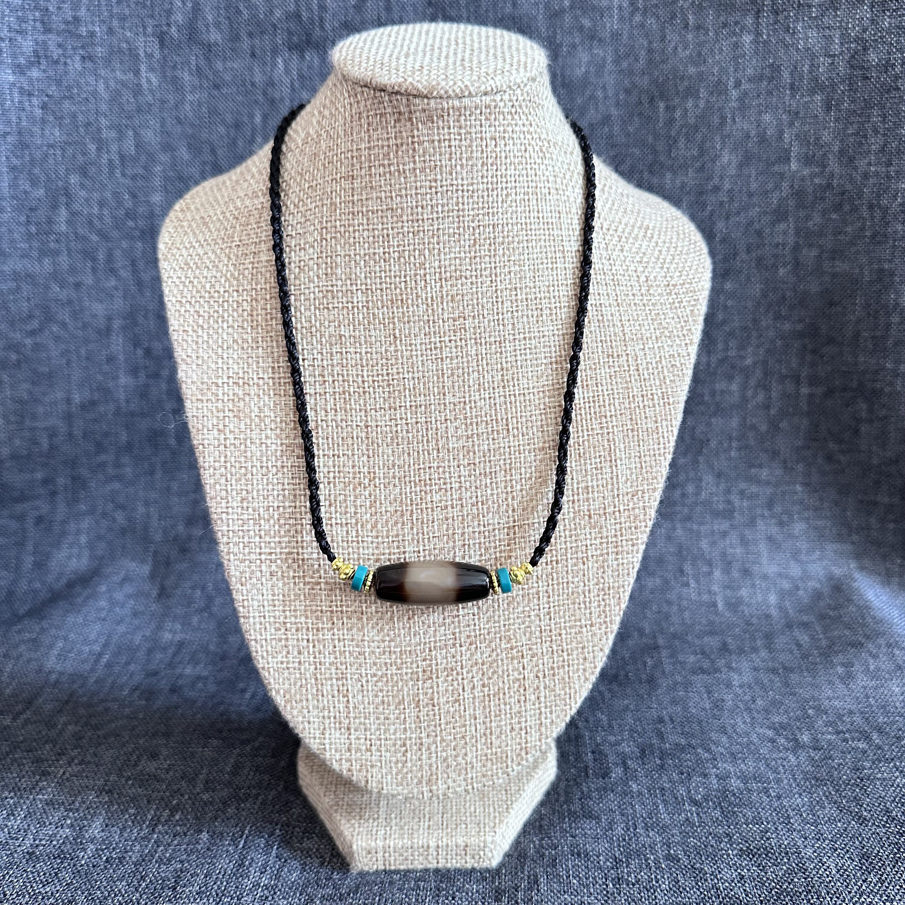 原创设计 藏系仿纯做旧老气黑白线珠天珠玛瑙项链锁骨链