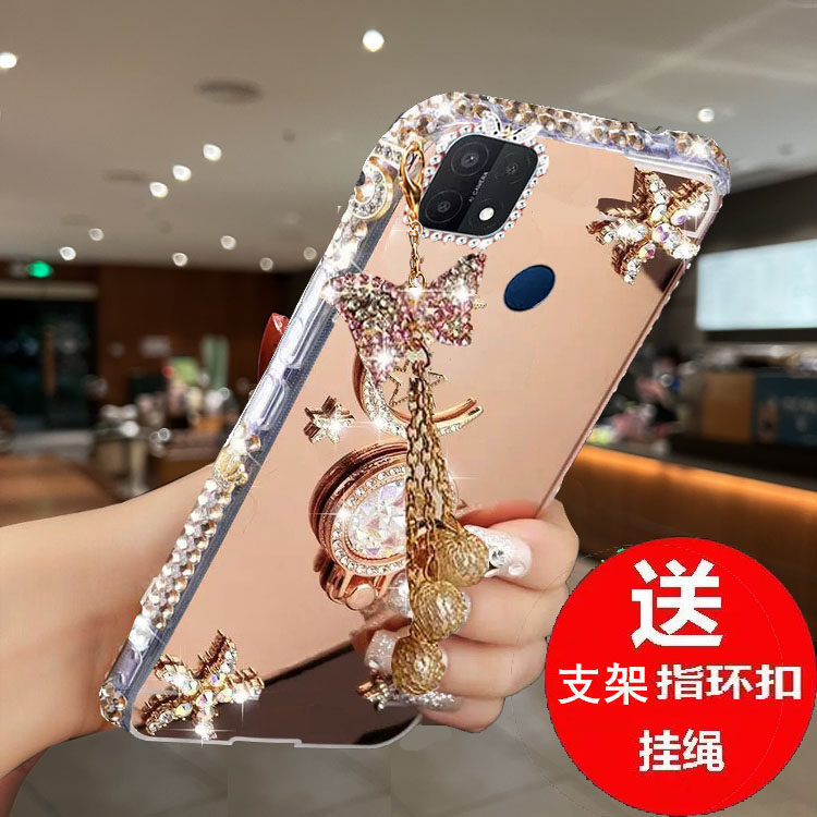 适用于oppoA35手机壳PEFMOO镜面防摔oppoa35后指纹时尚创意潮流A15S镶钻A15女款保护套OPPO A35轻奢轻薄软壳