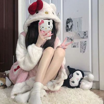 可爱hellokitty睡衣女秋冬季珊瑚绒学生加厚冬天睡袍长款KT猫套装