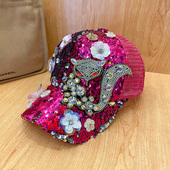 水钻花朵棒球帽女闪 个性 帽子女时尚 百搭镶钻亮片鸭舌网帽春秋新款